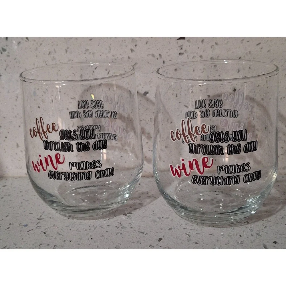 Stemless Wine Glasses 2 Coffee Gets You Through the Day Wine Makes Everything Ok